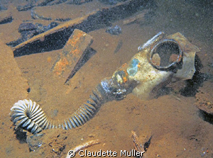 Gas mask deep in the hold of a Truk Lagoon wreck. by Claudette Muller 